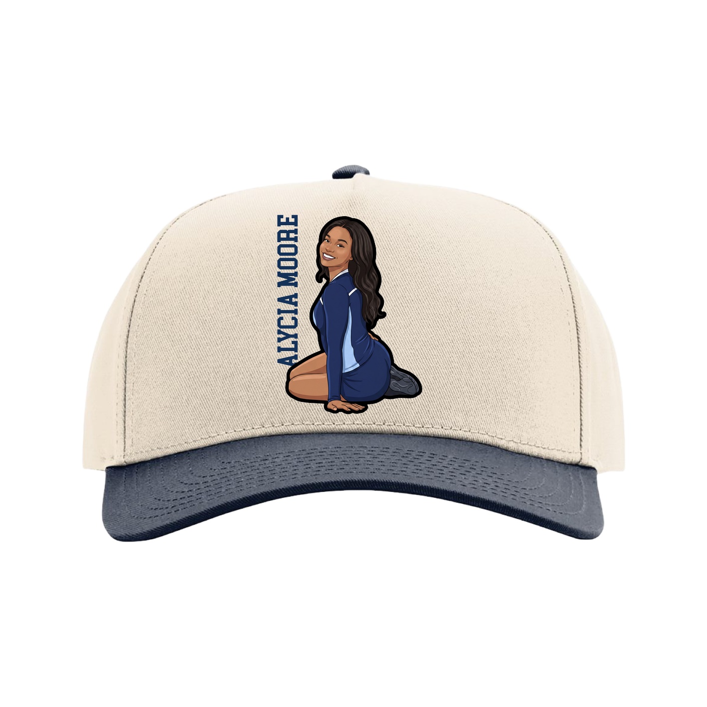 Full Fabric Five-Panel Champ Cap — Name Vertical in Cream/Navy