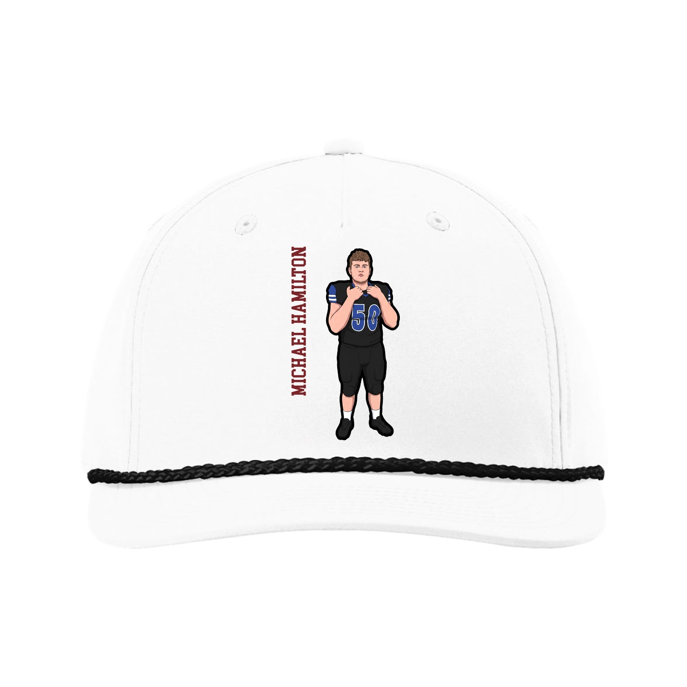 Five-Panel Classic Rope Cap — Name Vertical in White