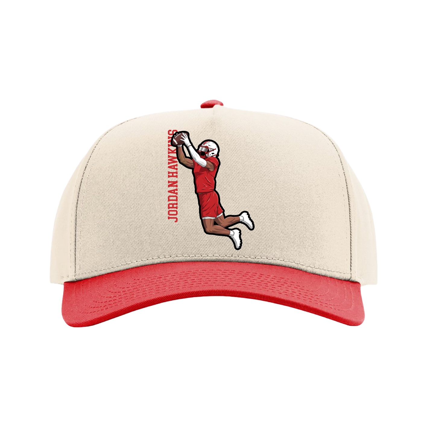 Full Fabric Five-Panel Champ Cap — Name Vertical in Cream/Red