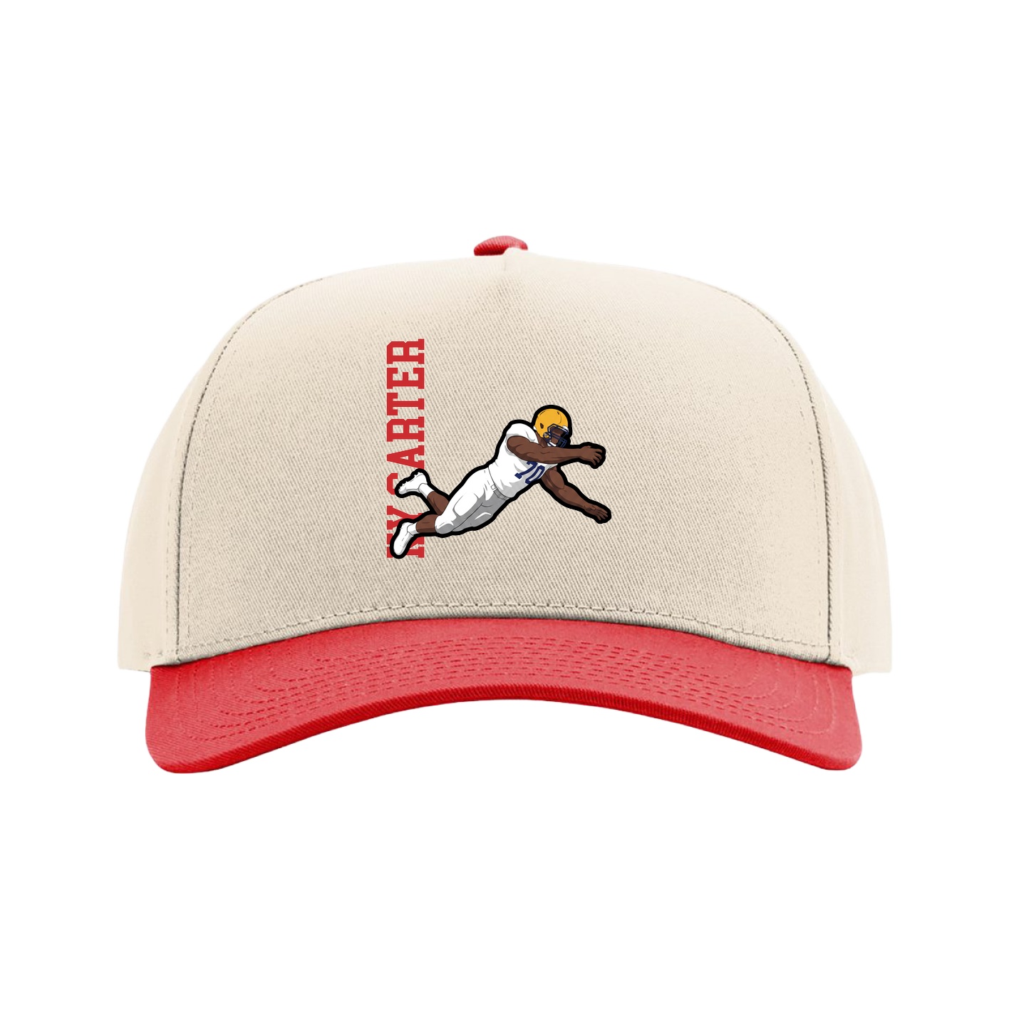 Full Fabric Five-Panel Champ Cap — Name Vertical in Cream/Red