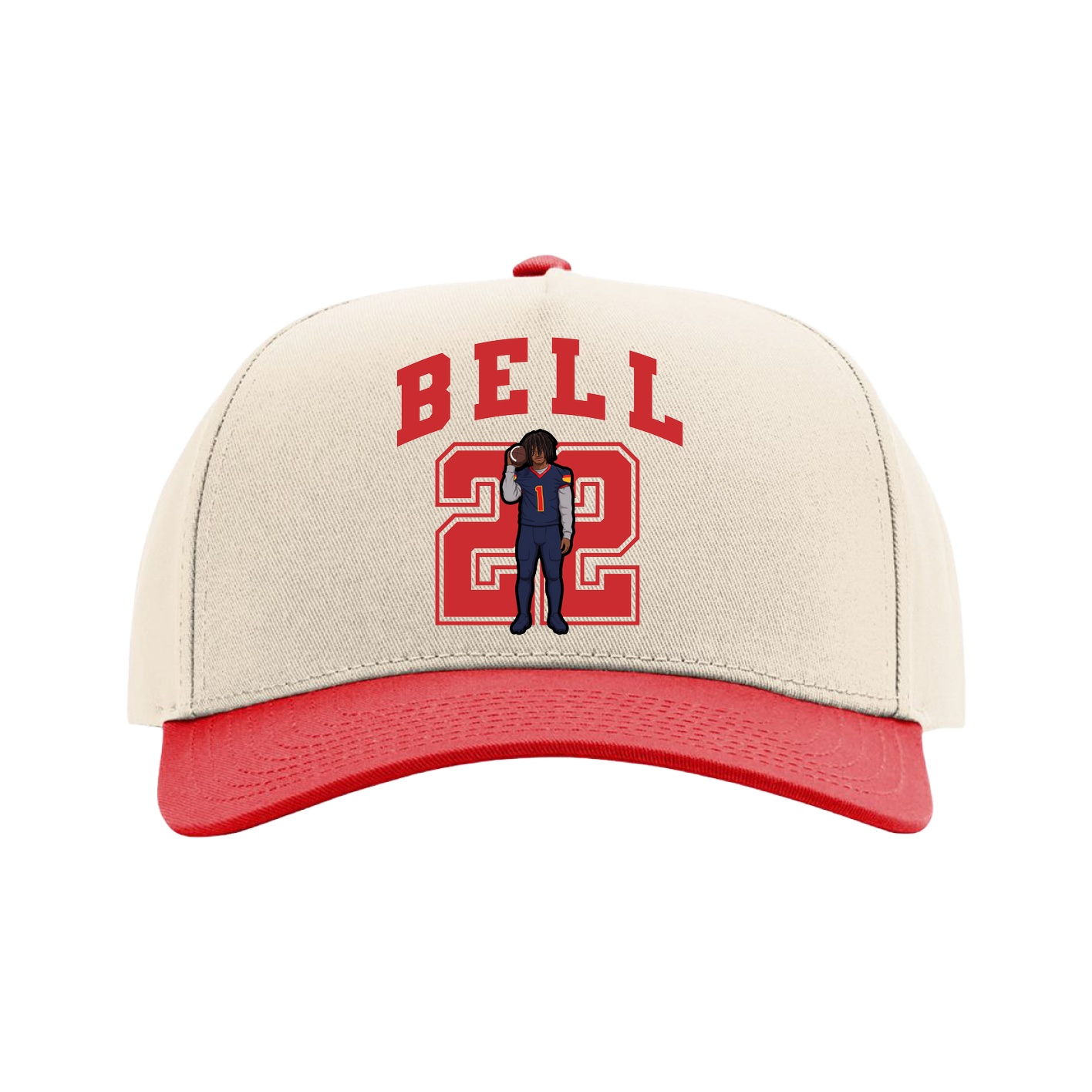 Full Fabric Five-Panel Champ Cap — Number in Cream/Red