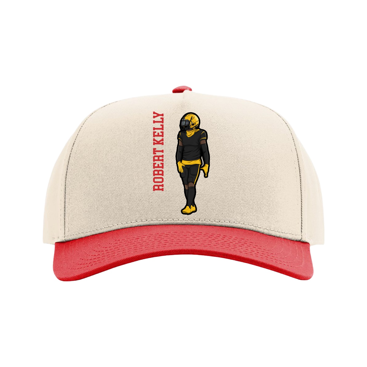 Full Fabric Five-Panel Champ Cap — Name Vertical in Cream/Red