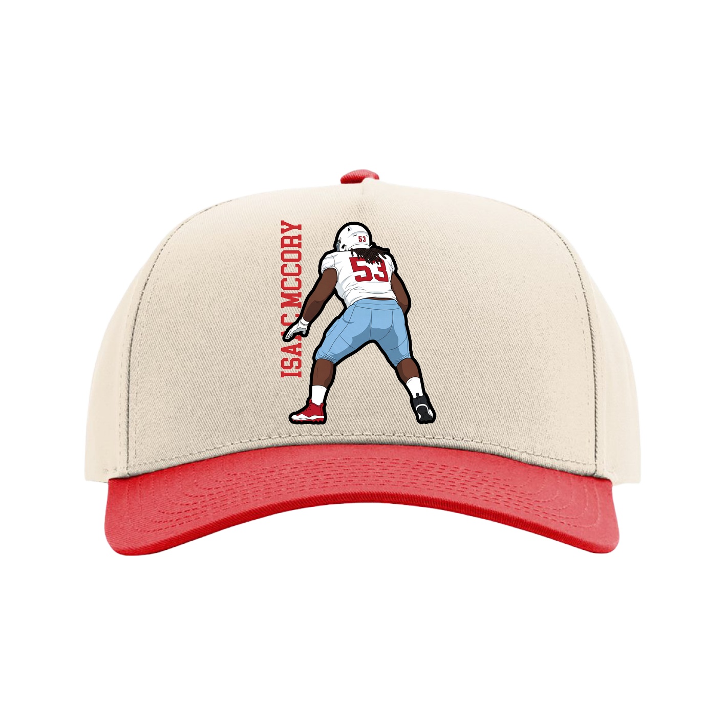 Full Fabric Five-Panel Champ Cap — Name Vertical in Cream/Red
