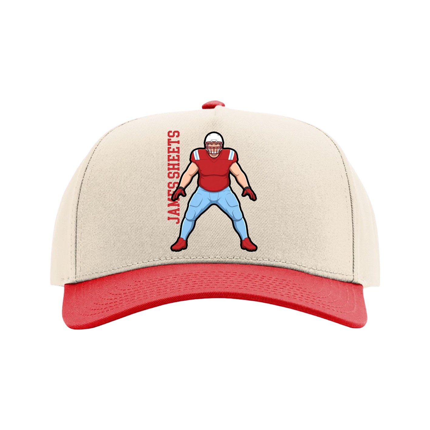 Full Fabric Five-Panel Champ Cap — Name Vertical in Cream/Red