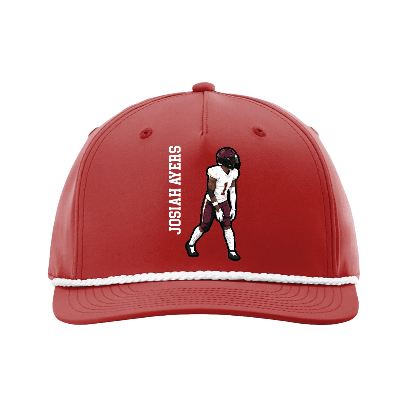 Five-Panel Classic Rope Cap — Name Vertical in Red