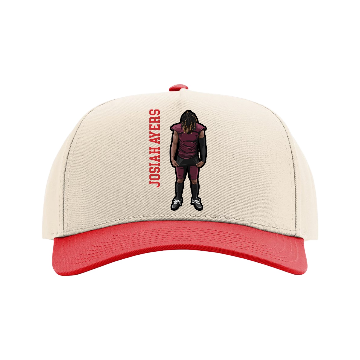 Full Fabric Five-Panel Champ Cap — Name Vertical in Cream/Red