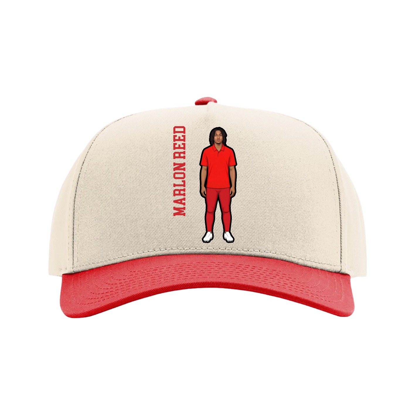 Full Fabric Five-Panel Champ Cap — Name Vertical in Cream/Red
