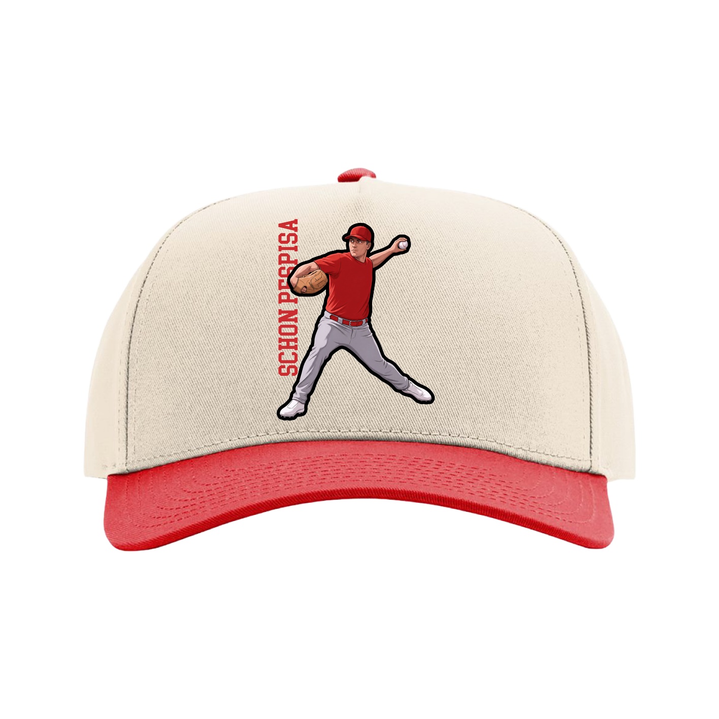 Full Fabric Five-Panel Champ Cap — Name Vertical in Cream/Red