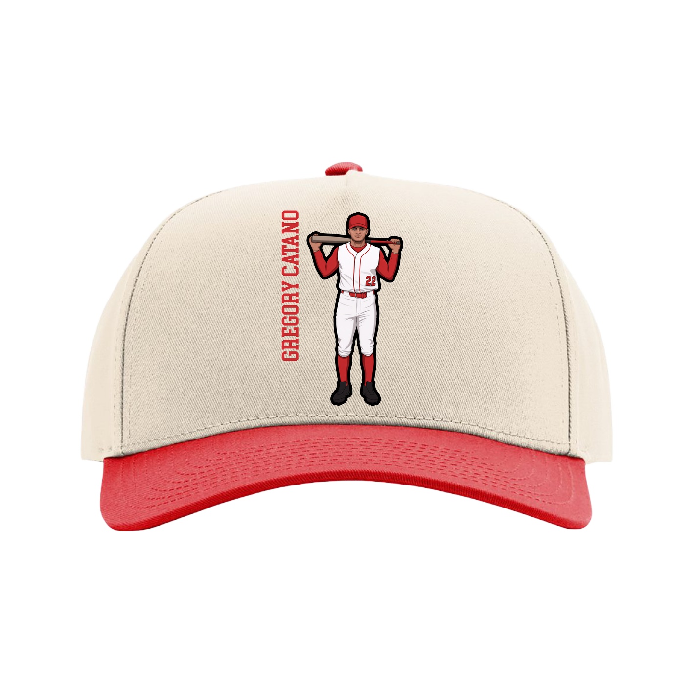 Full Fabric Five-Panel Champ Cap — Name Vertical in Cream/Red