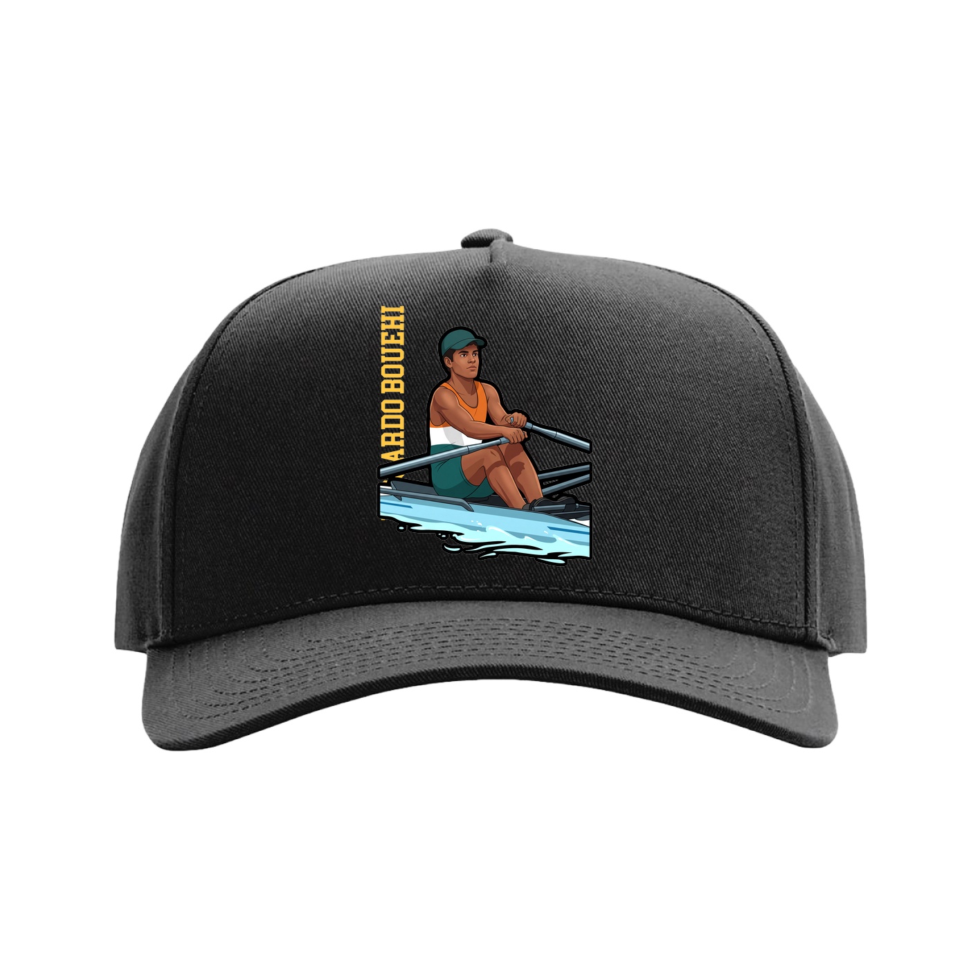 Full Fabric Five-Panel Champ Cap — Name Vertical in Black