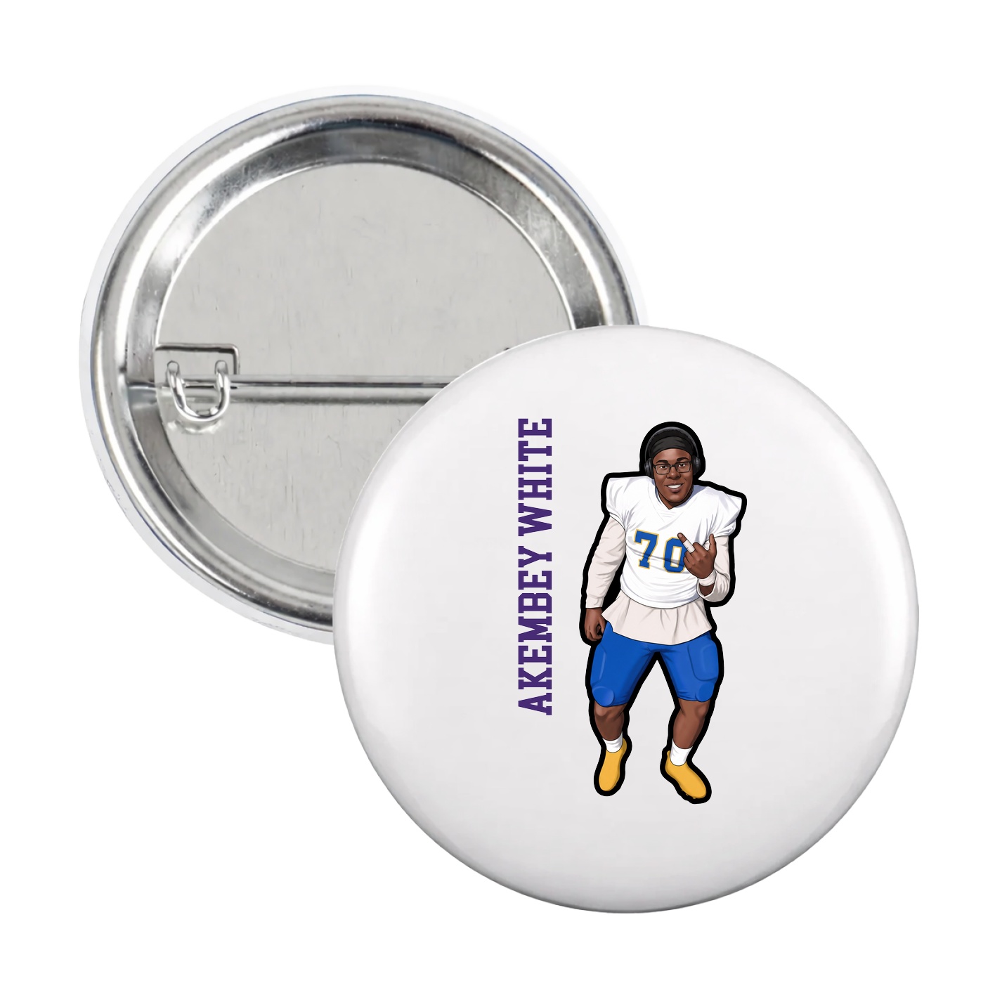 Game Day Button — Name Vertical in White