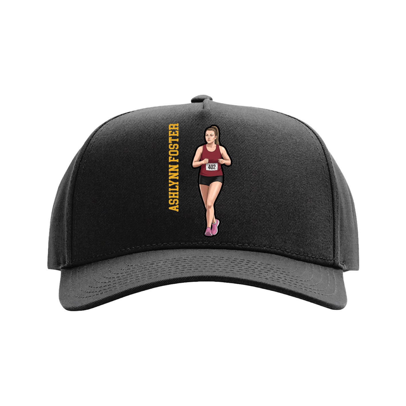 Full Fabric Five-Panel Champ Cap — Name Vertical in Black