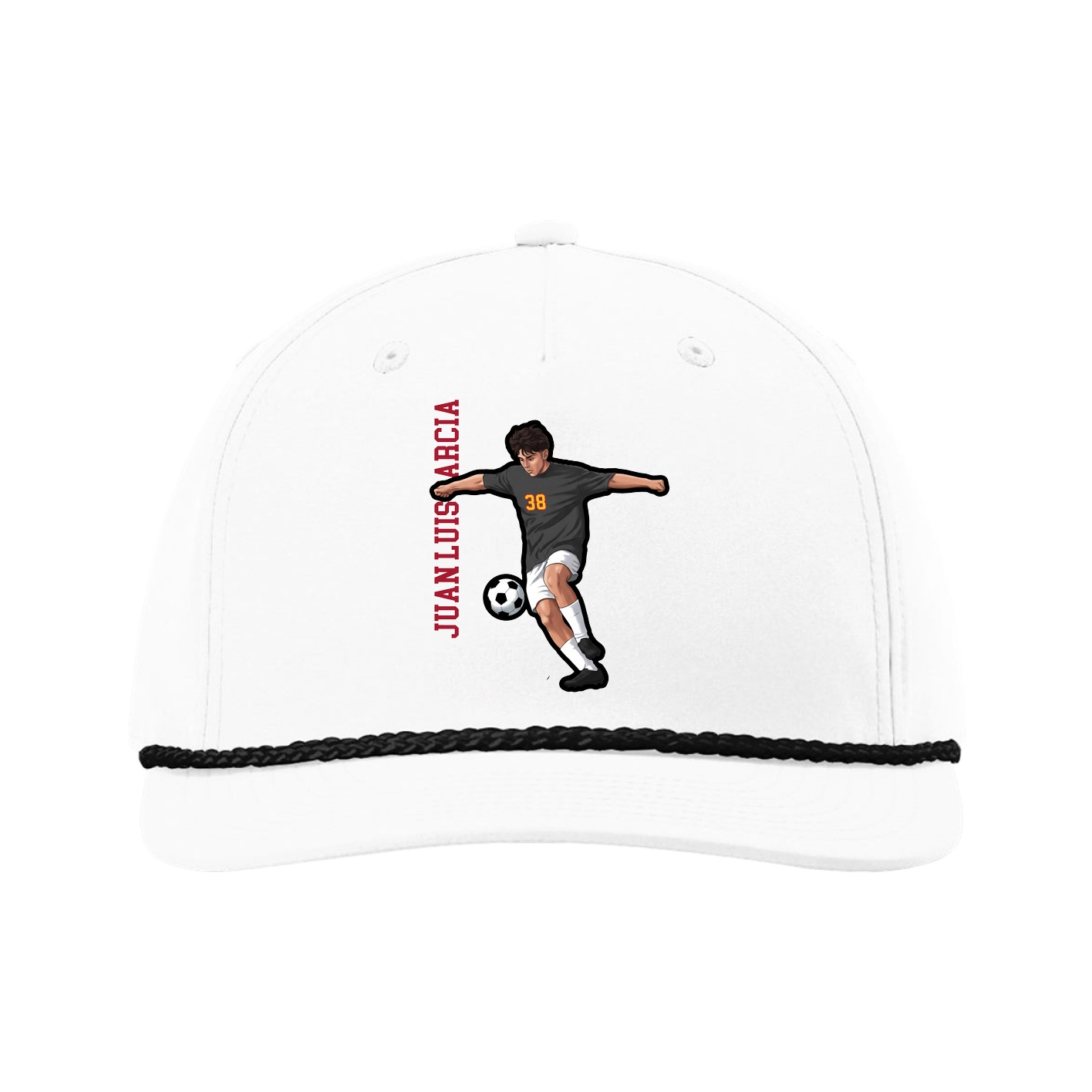 Five-Panel Classic Rope Cap — Name Vertical in White