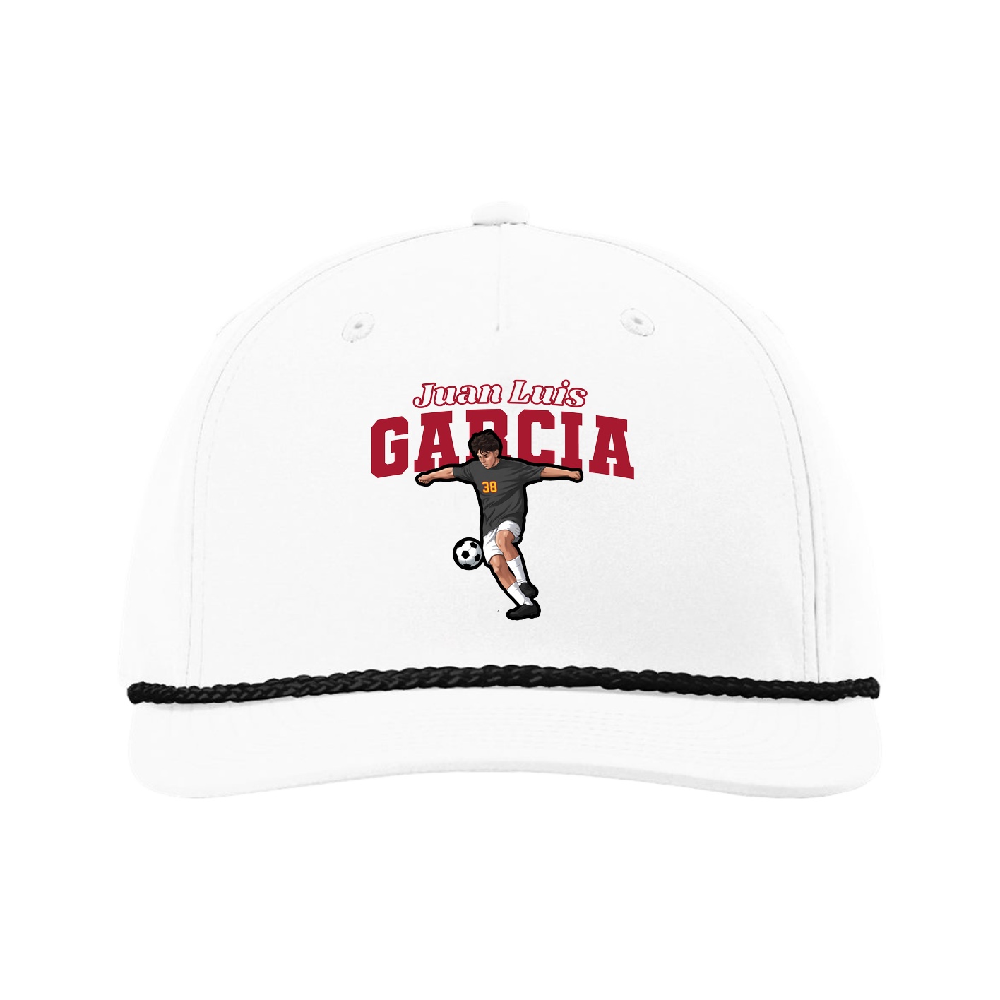 Five-Panel Classic Rope Cap — Name Arch in White