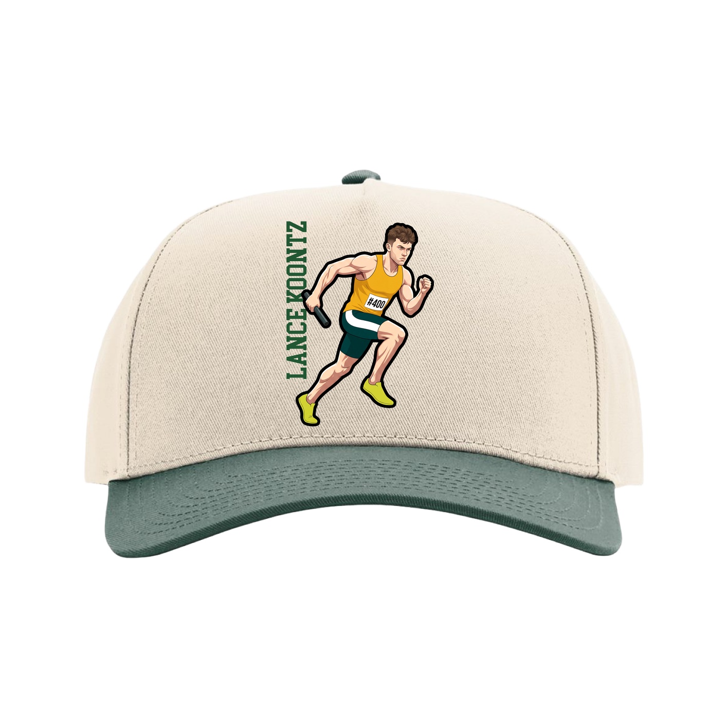Full Fabric Five-Panel Champ Cap — Name Vertical in Cream/Green