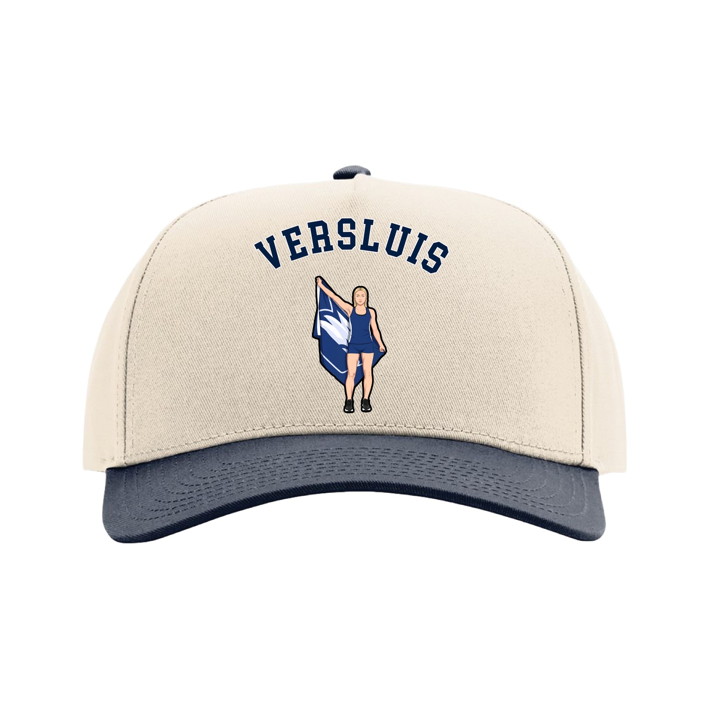 Full Fabric Five-Panel Champ Cap — Shirsey Arch in Cream/Navy