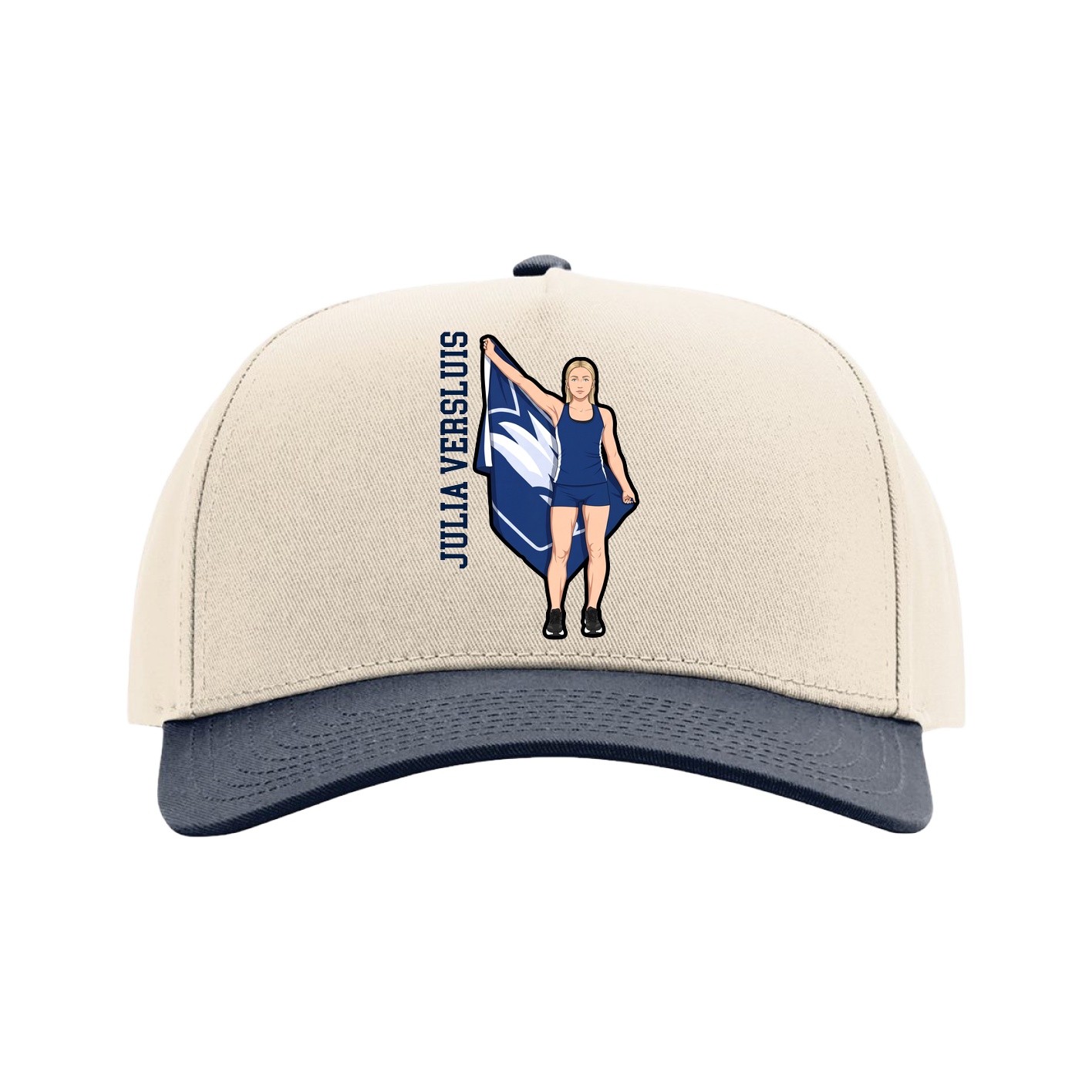 Full Fabric Five-Panel Champ Cap — Name Vertical in Cream/Navy