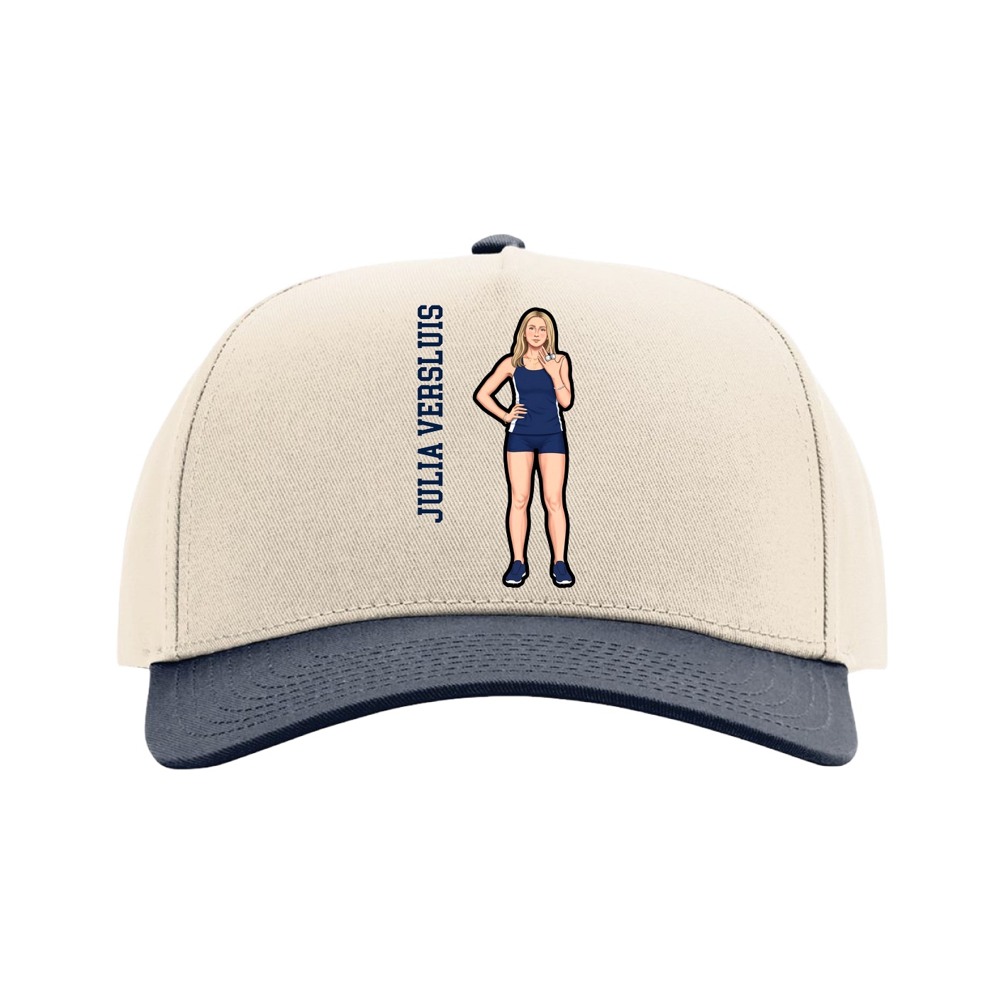 Full Fabric Five-Panel Champ Cap — Name Vertical in Cream/Navy