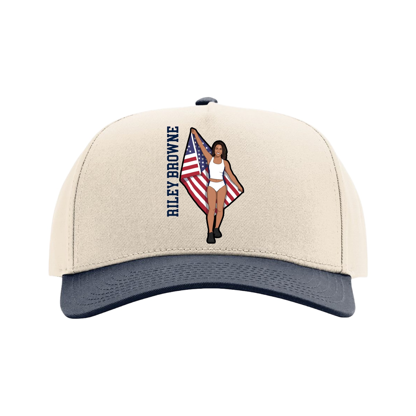 Full Fabric Five-Panel Champ Cap — Name Vertical in Cream/Navy