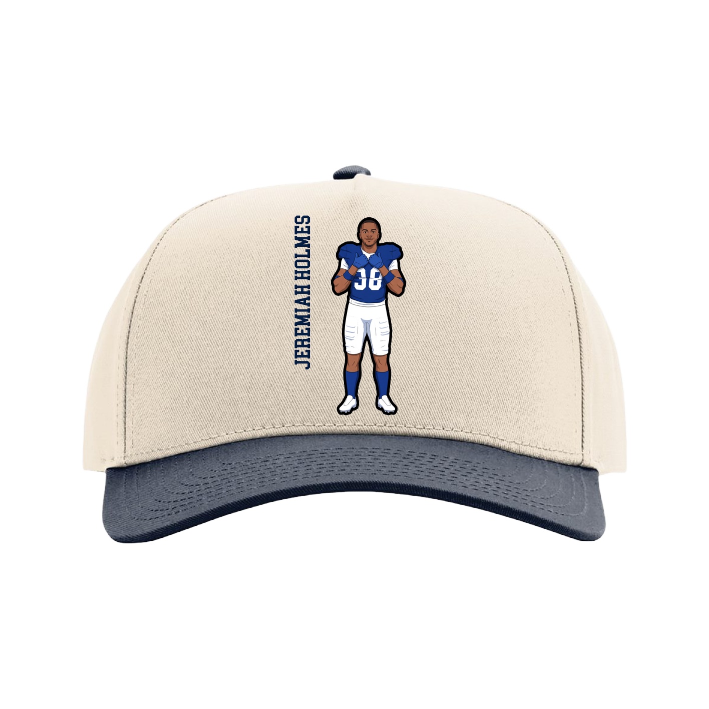 Full Fabric Five-Panel Champ Cap — Name Vertical in Cream/Navy