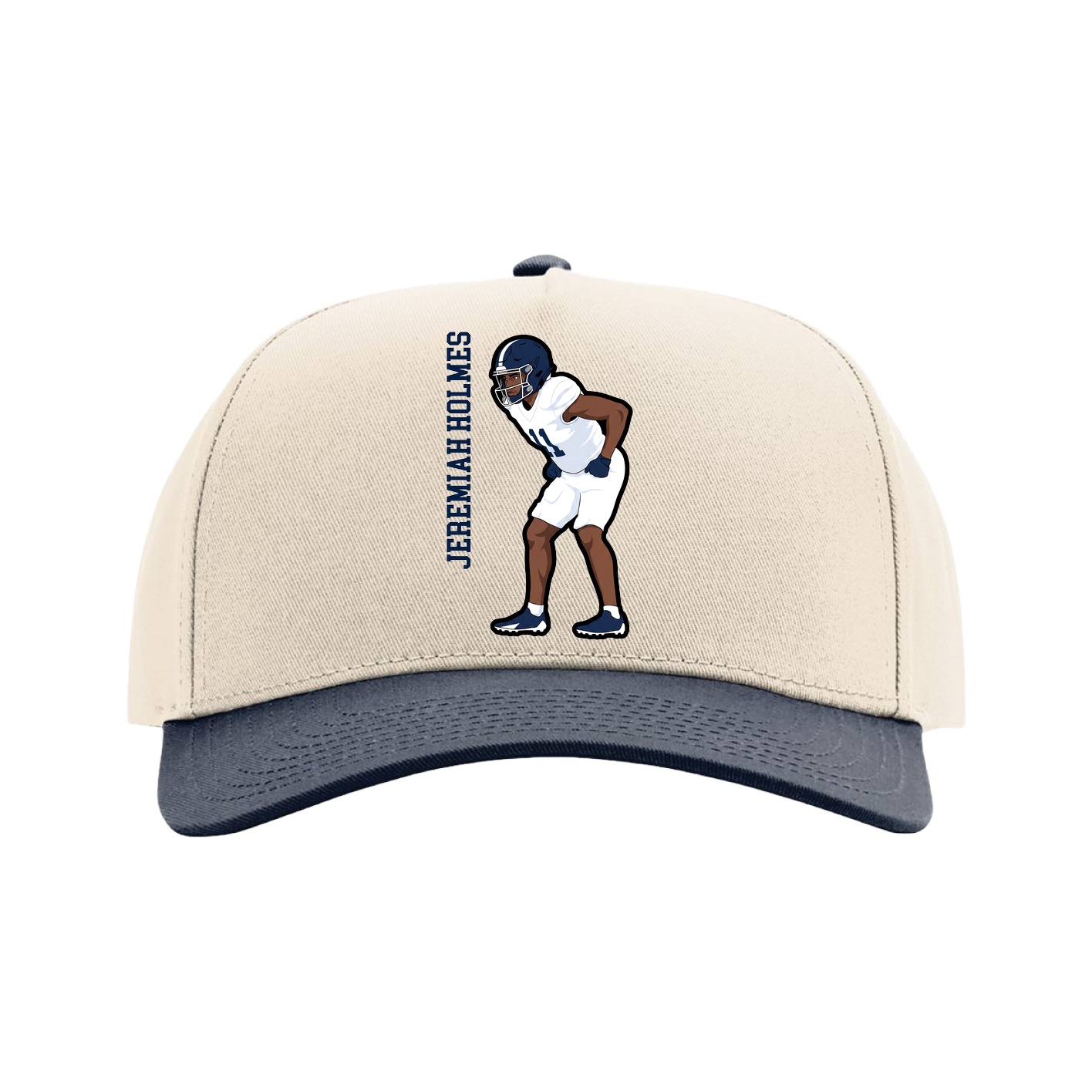 Full Fabric Five-Panel Champ Cap — Name Vertical in Cream/Navy