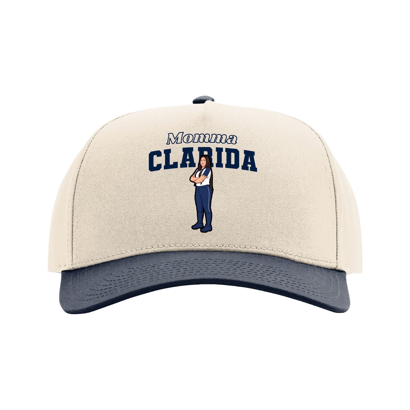 Full Fabric Five-Panel Champ Cap — Mothers Day Block in Cream/Navy