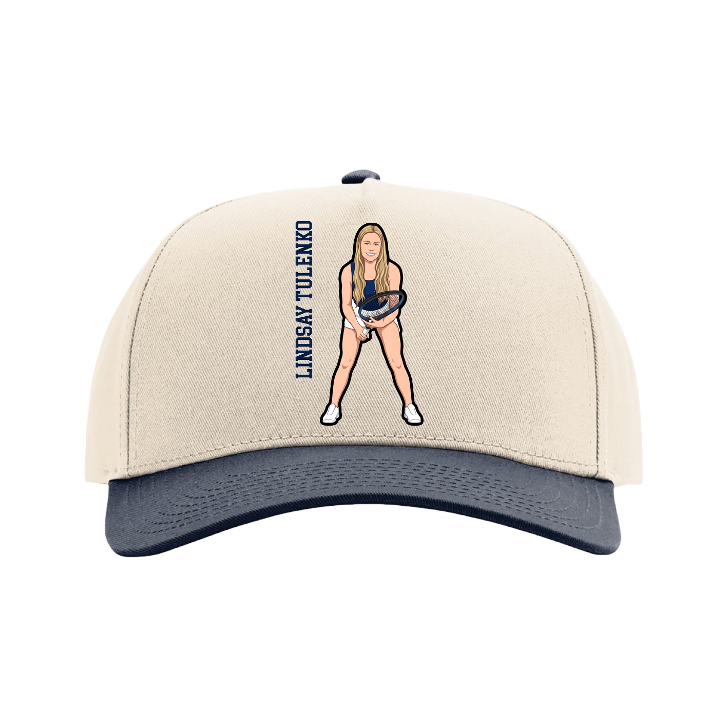 Full Fabric Five-Panel Champ Cap — Name Vertical in Cream/Navy