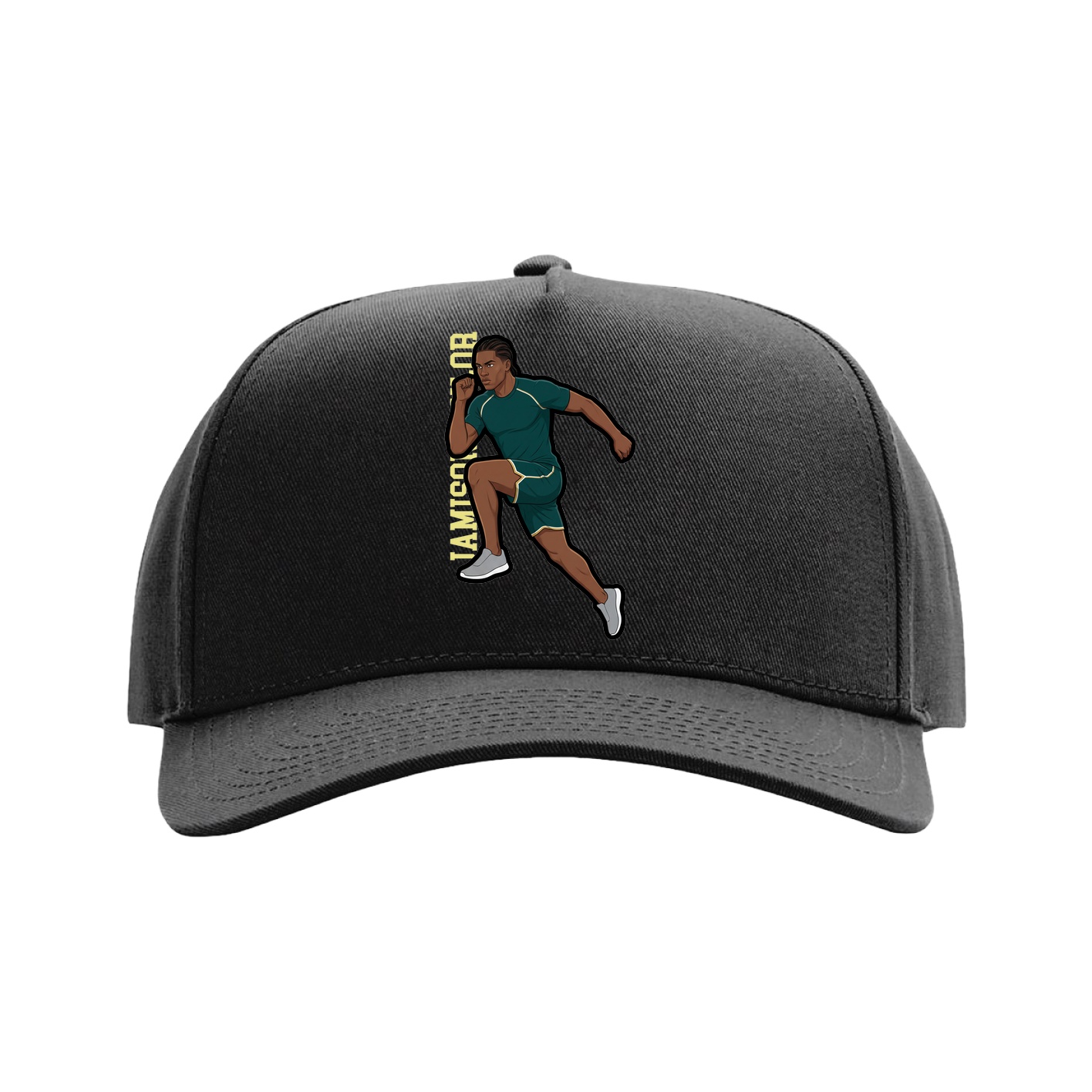 Full Fabric Five-Panel Champ Cap — Name Vertical in Black