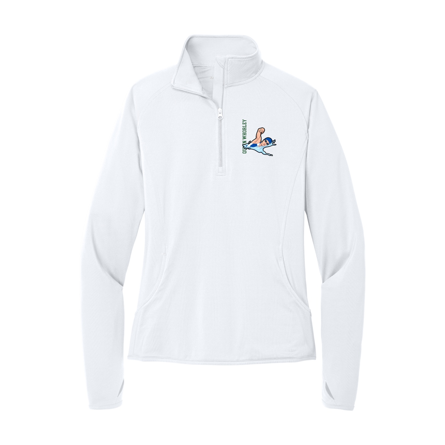Women's Q-Zip Pullover — Name Vertical in White