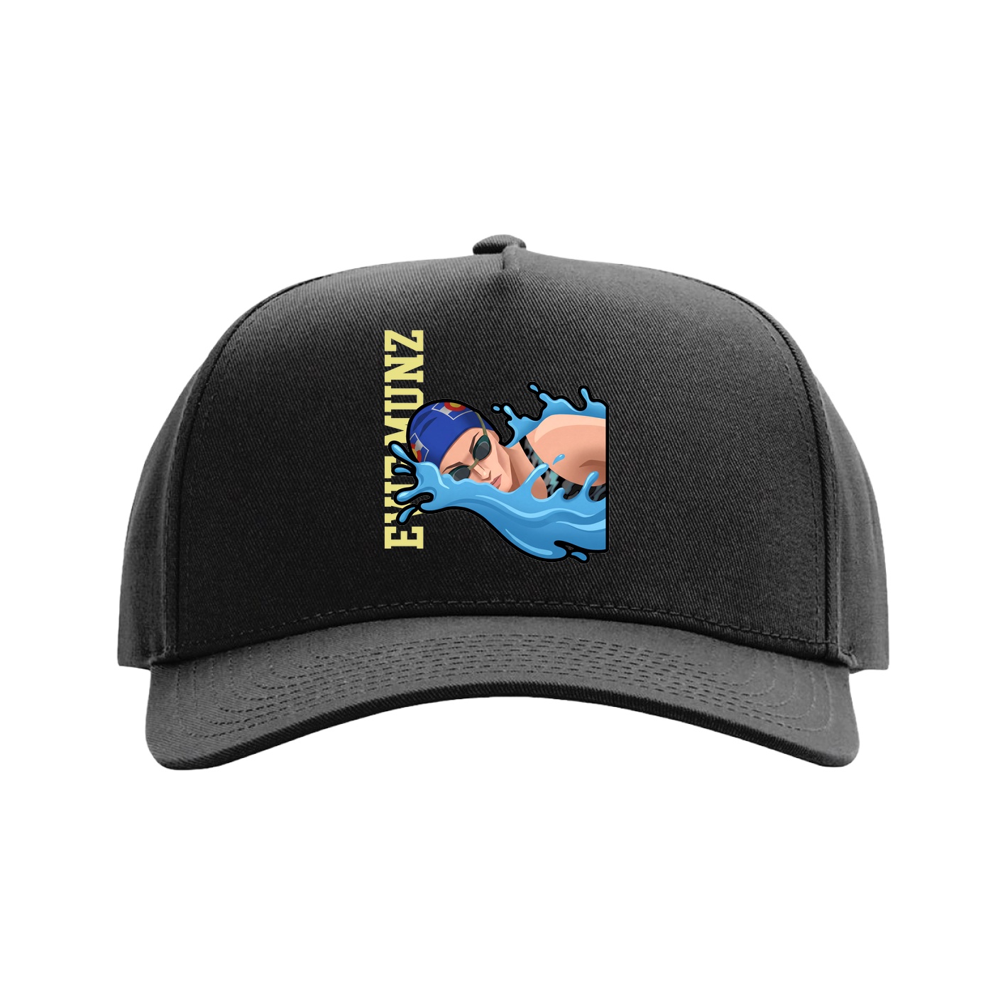 Full Fabric Five-Panel Champ Cap — Name Vertical in Black