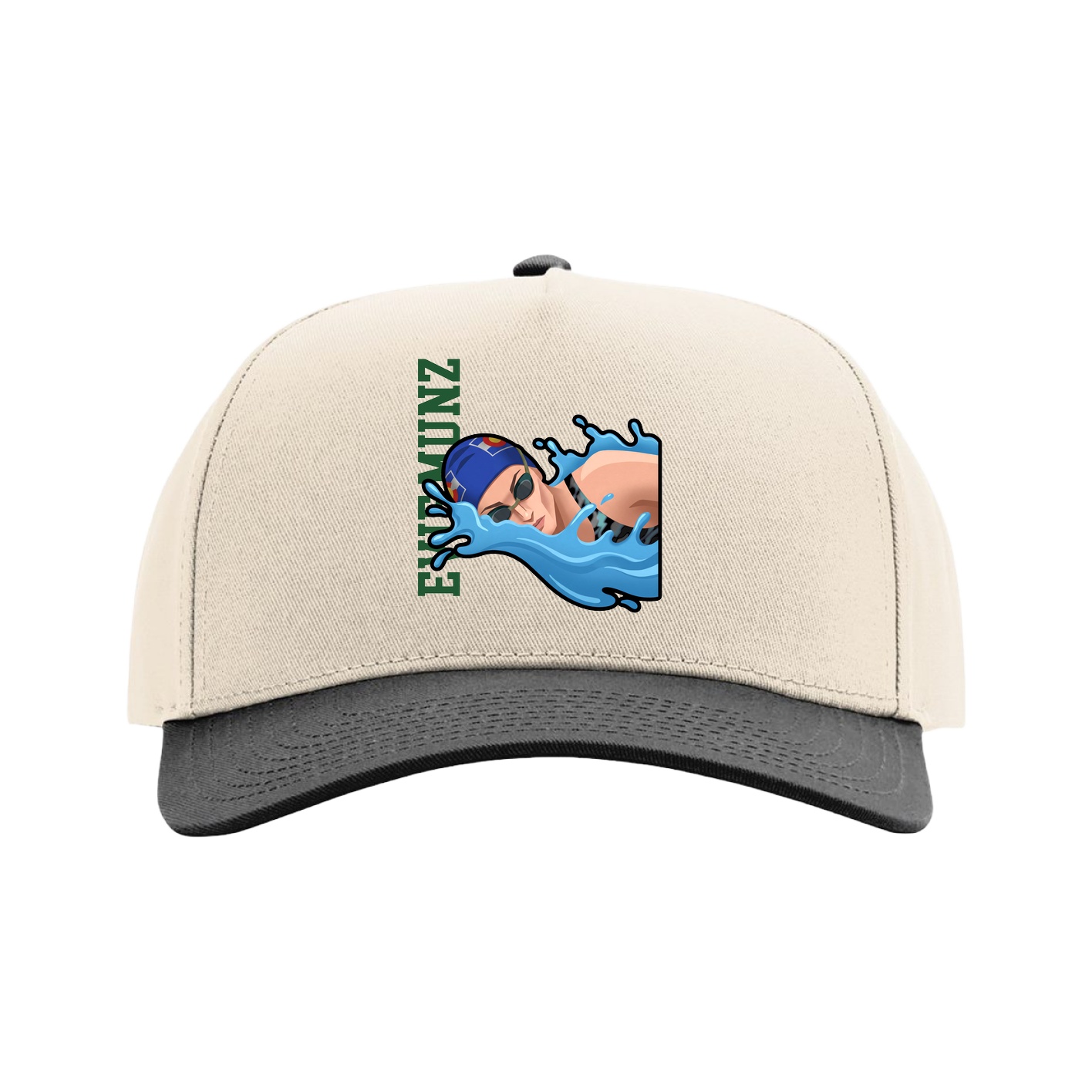 Full Fabric Five-Panel Champ Cap — Name Vertical in Cream/Black