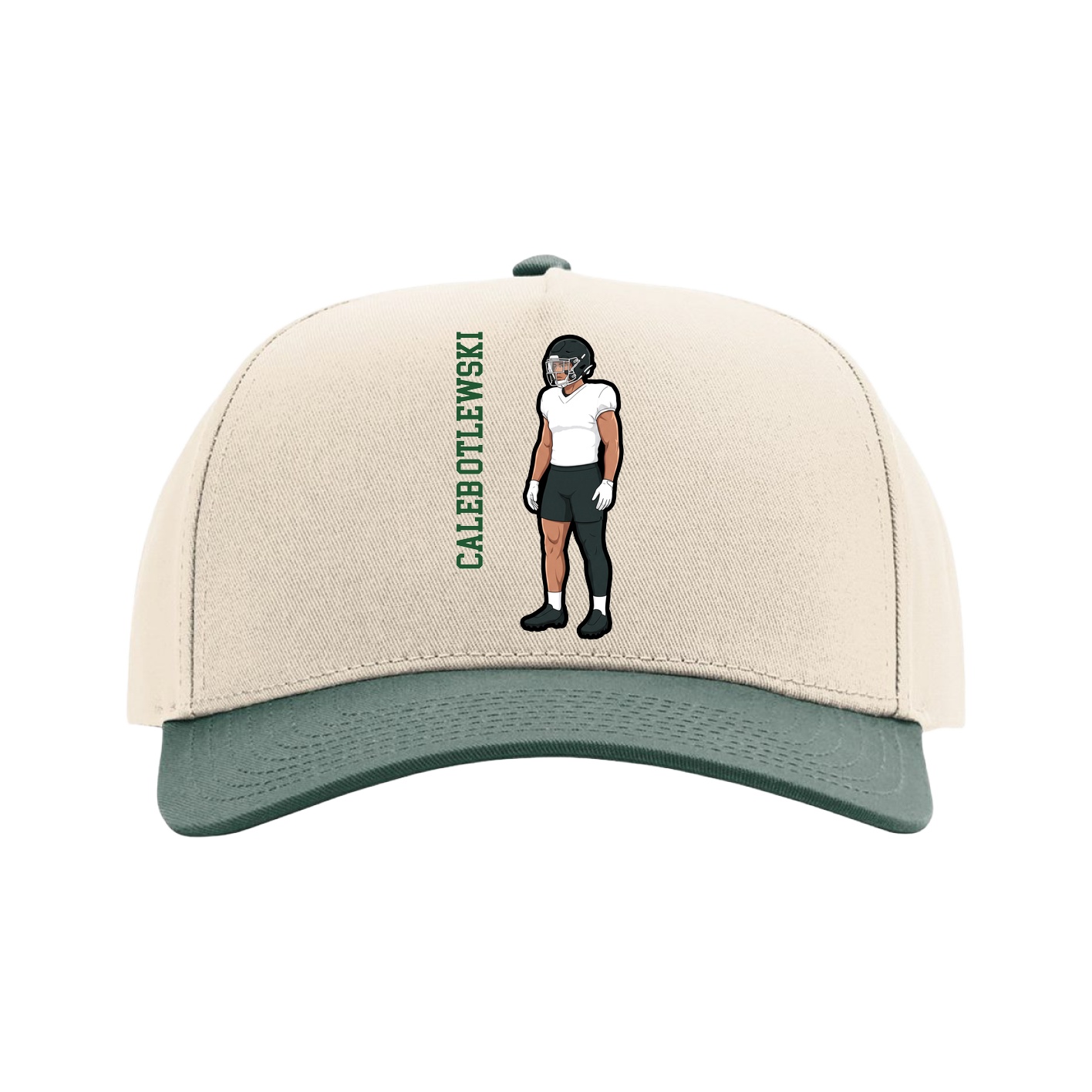 Full Fabric Five-Panel Champ Cap — Name Vertical in Cream/Green