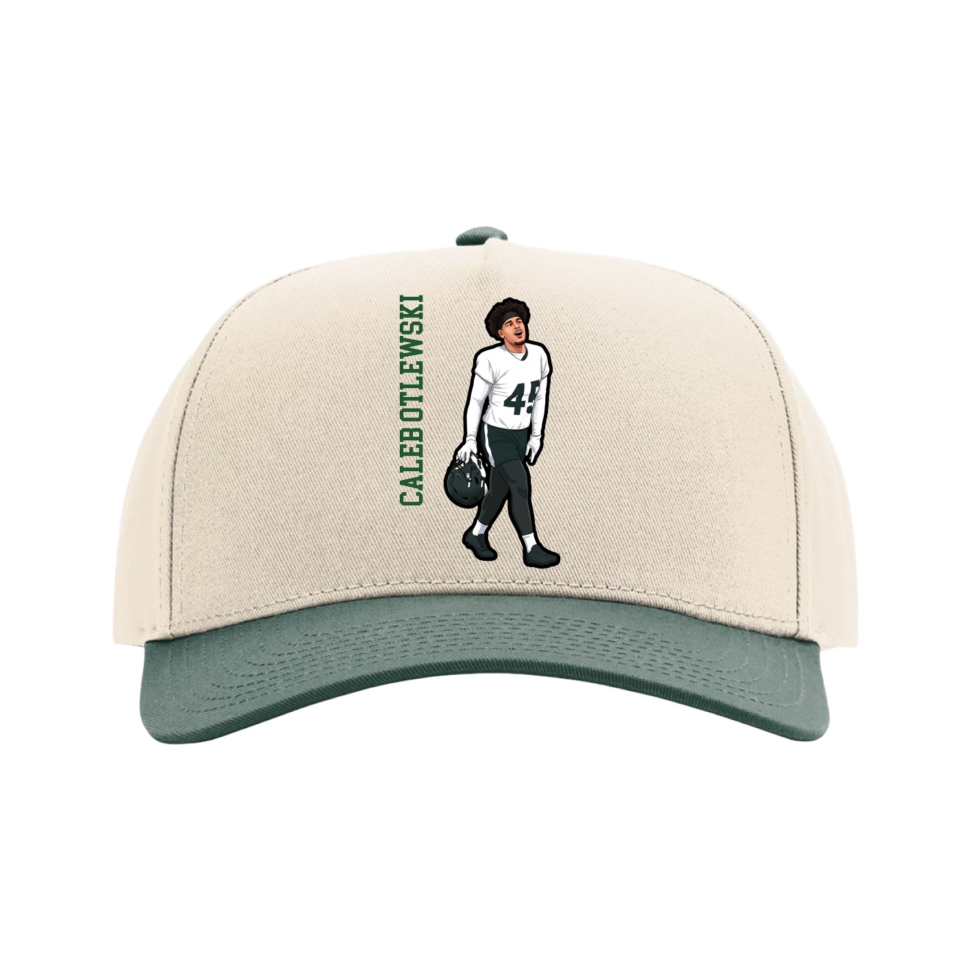 Full Fabric Five-Panel Champ Cap — Name Vertical in Cream/Green