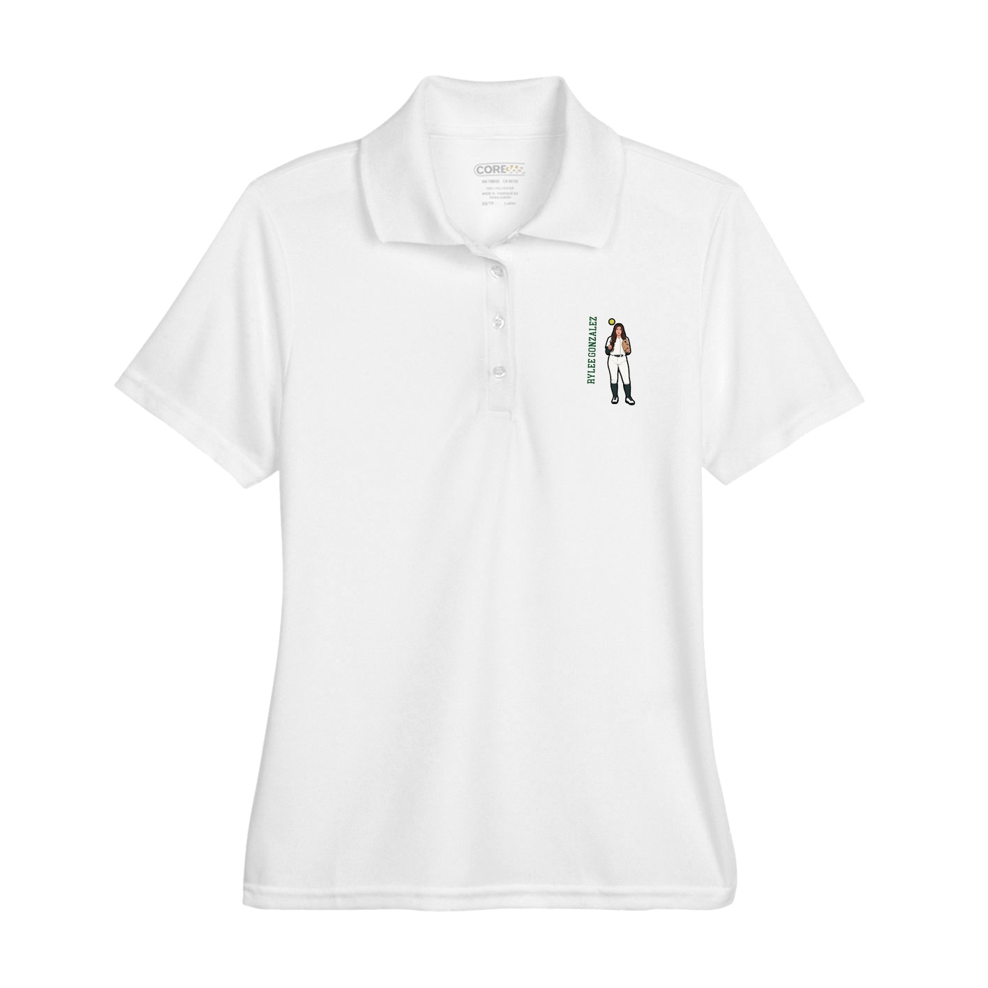 Womens Performance Polo — Name Vertical in White