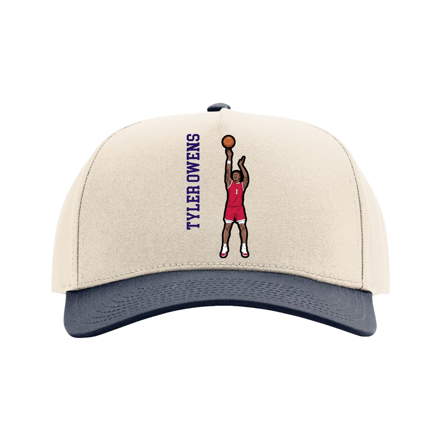 Full Fabric Five-Panel Champ Cap — Name Vertical in Cream/Navy