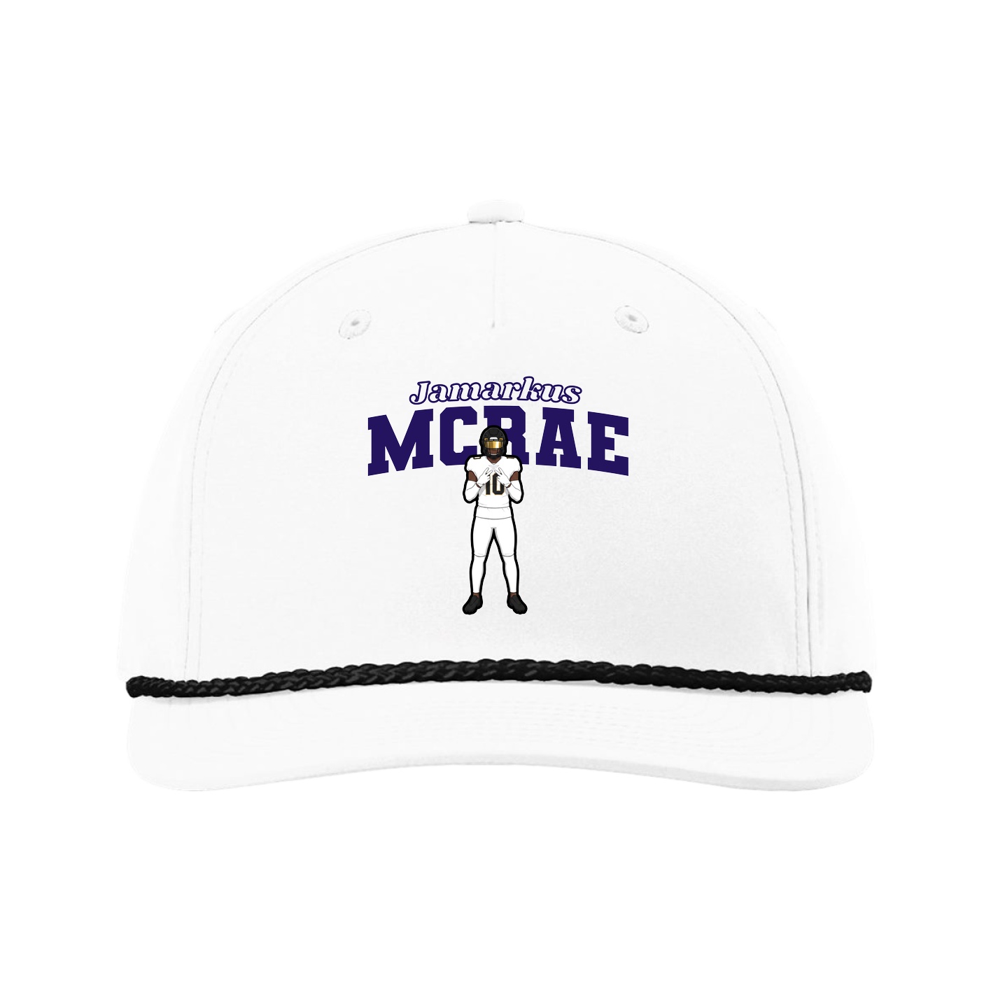Five-Panel Classic Rope Cap — Name Arch in White