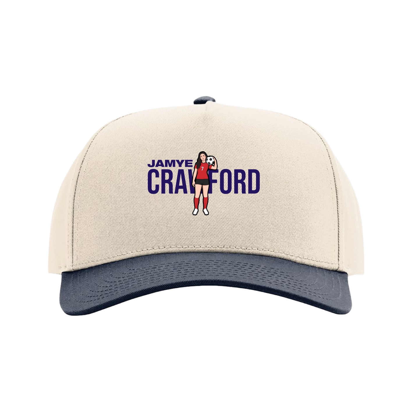 Full Fabric Five-Panel Champ Cap — Player Name in Cream/Navy