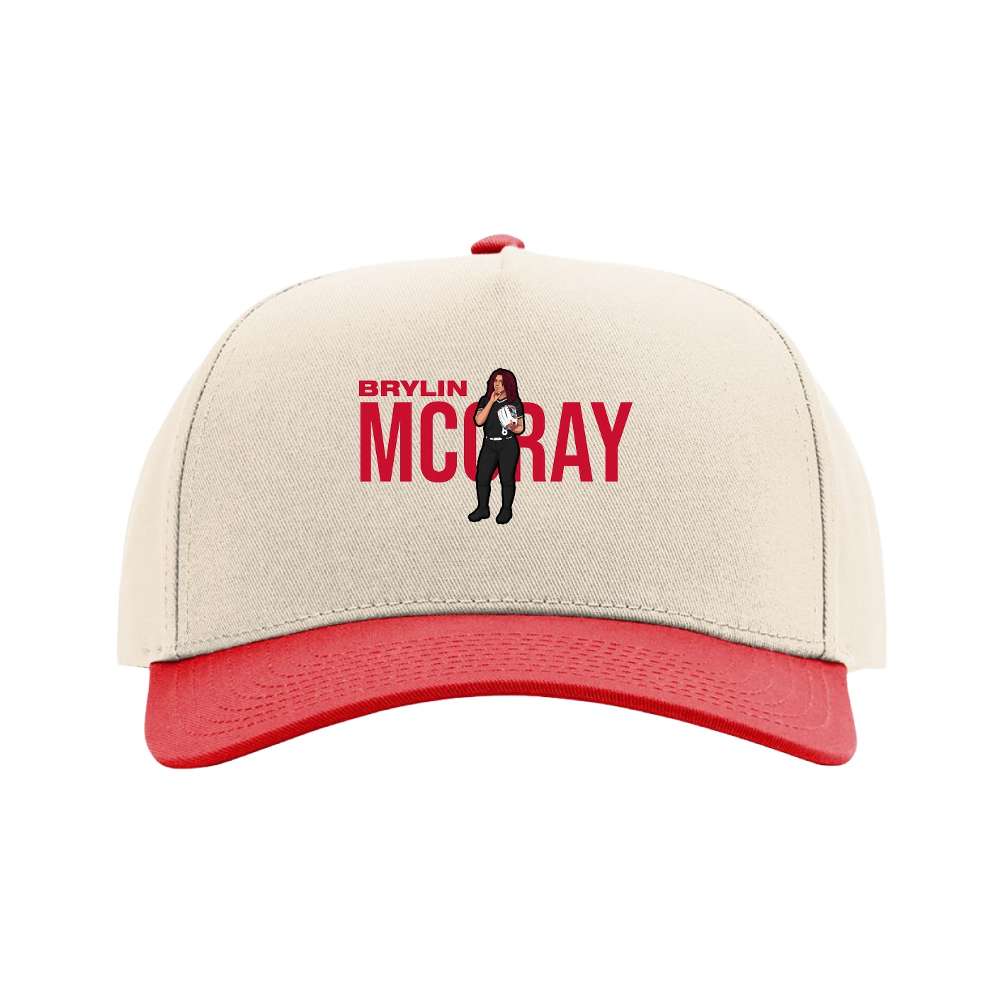 Full Fabric Five-Panel Champ Cap — Player Name in Cream/Red