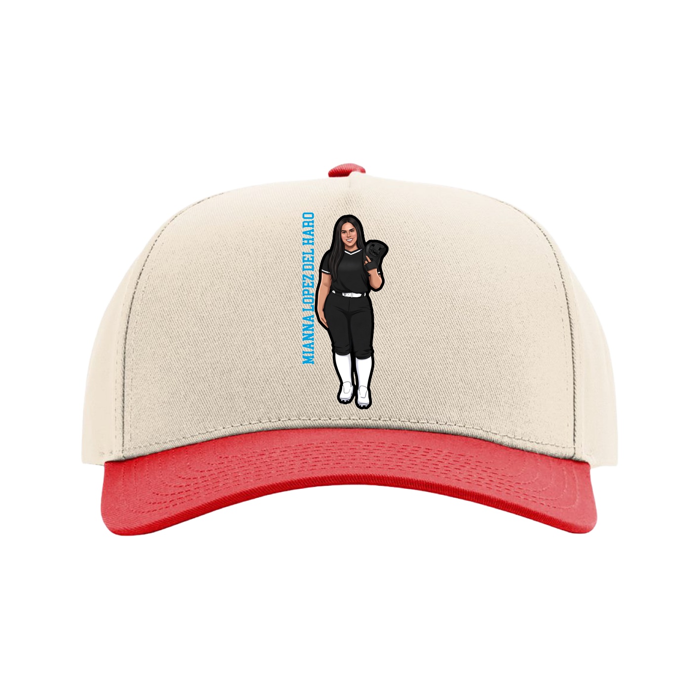 Full Fabric Five-Panel Champ Cap — Name Vertical in Cream/Red