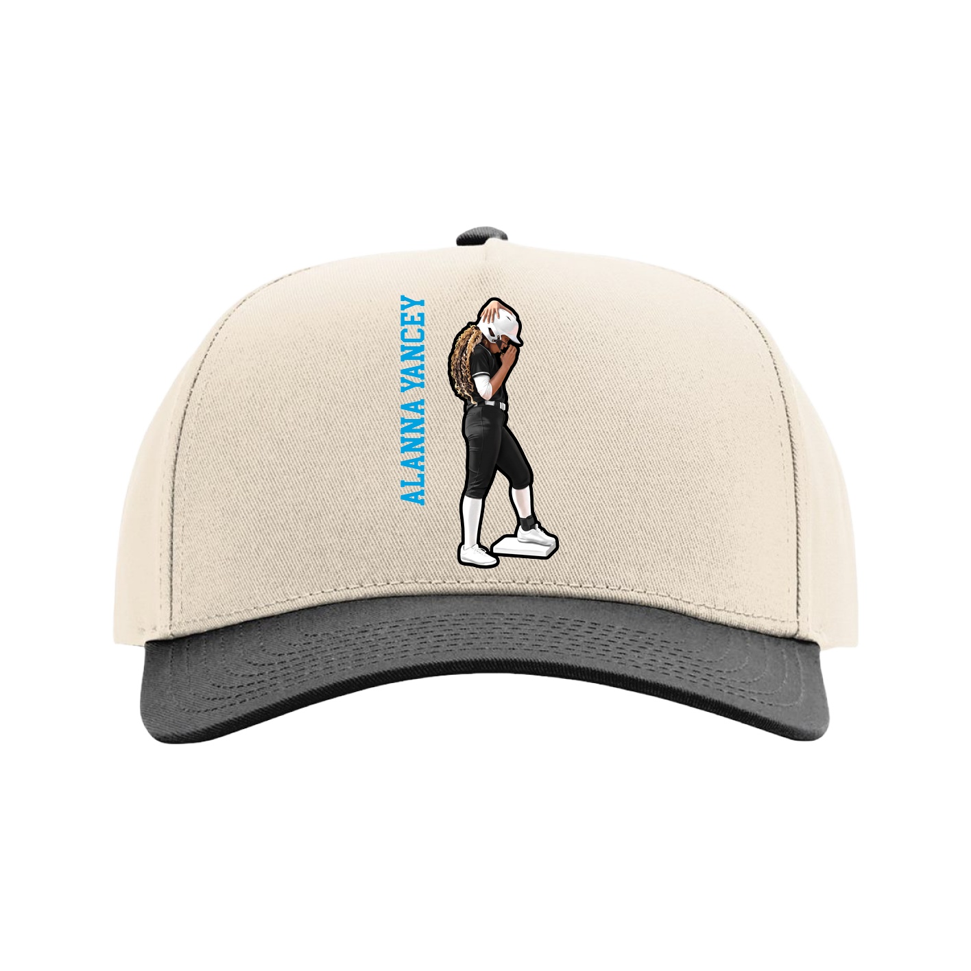 Full Fabric Five-Panel Champ Cap — Name Vertical in Cream/Black