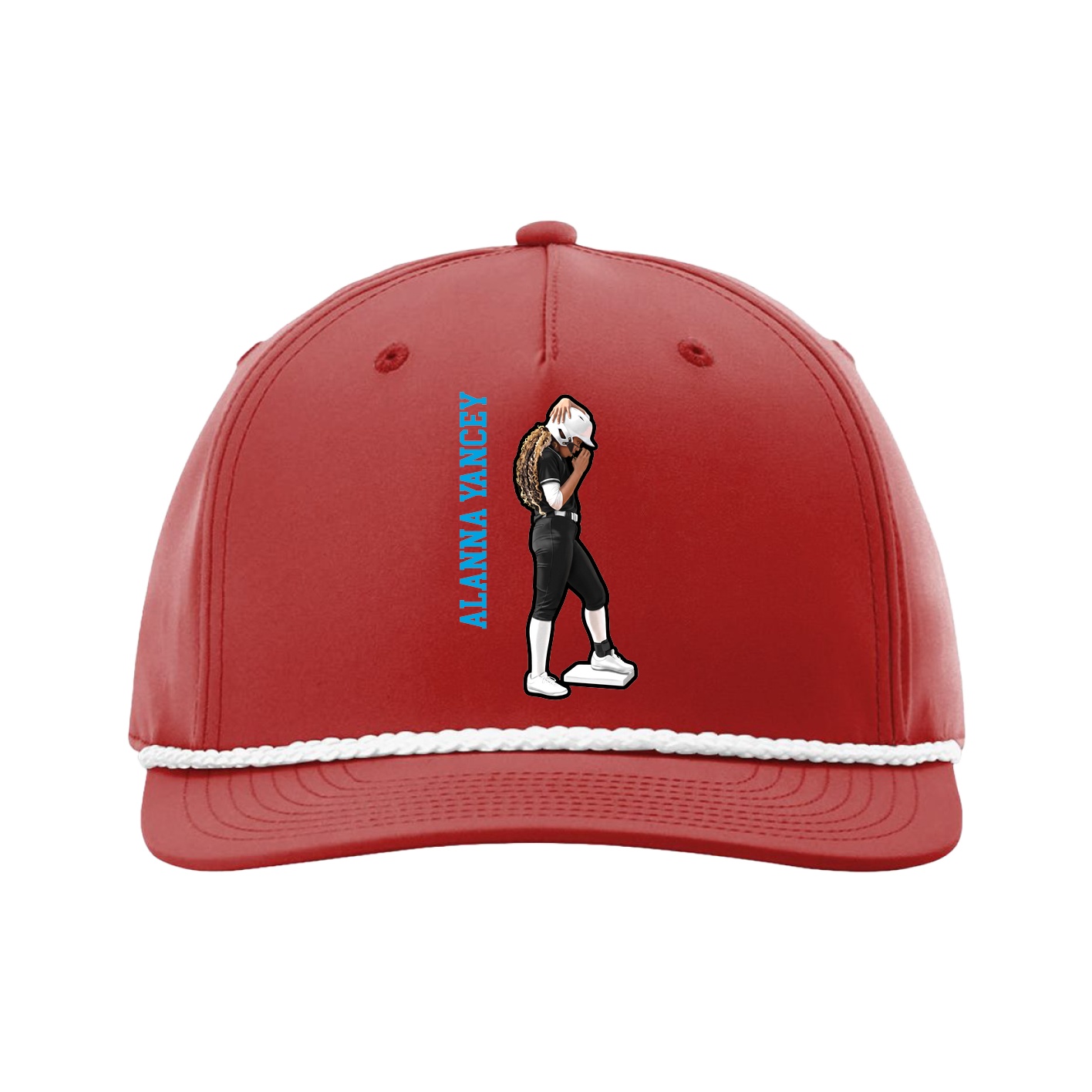 Five-Panel Classic Rope Cap — Name Vertical in Red