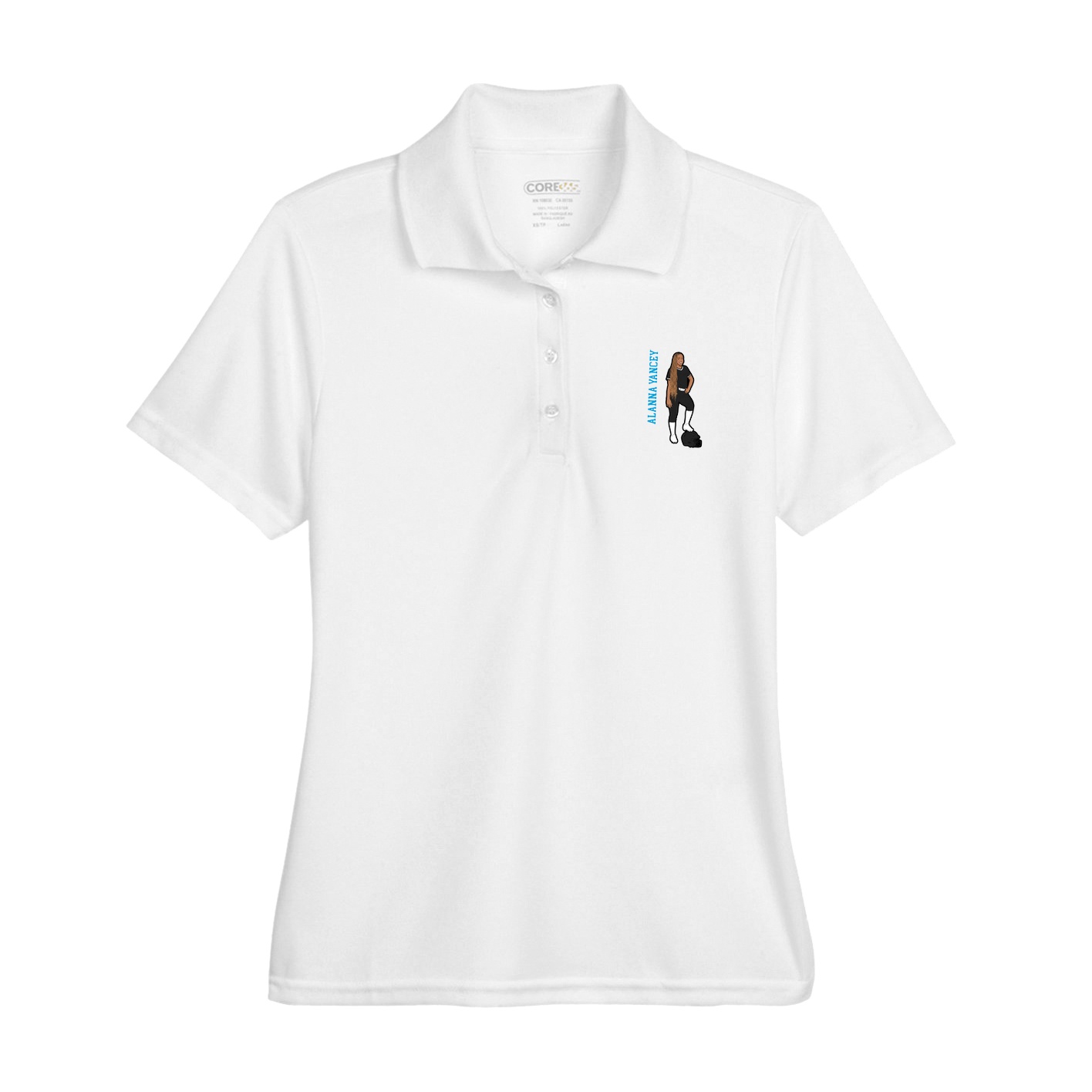 Womens Performance Polo — Name Vertical in White