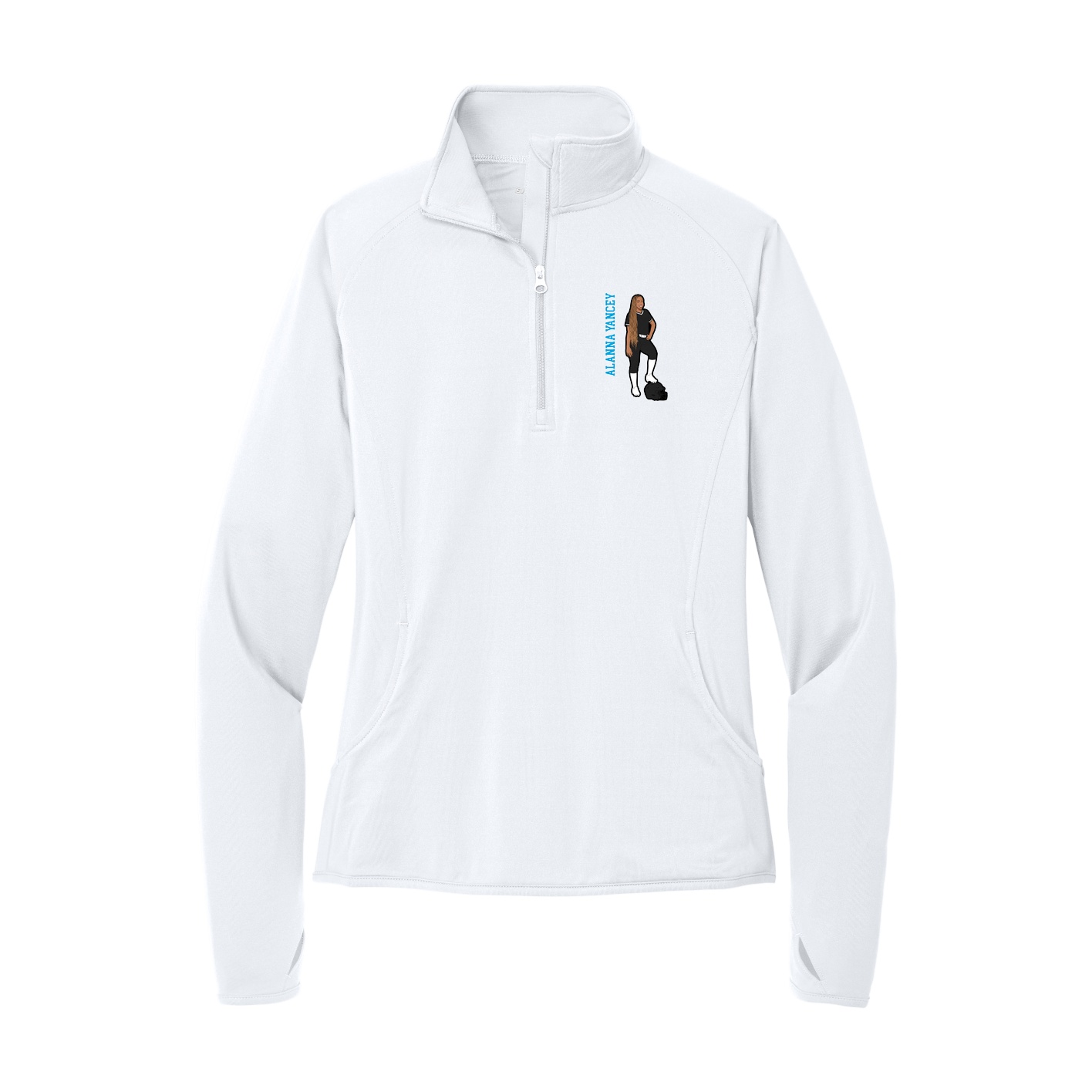 Women's Q-Zip Pullover — Name Vertical in White