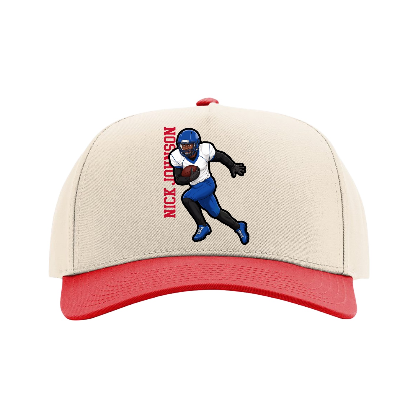 Full Fabric Five-Panel Champ Cap — Name Vertical in Cream/Red