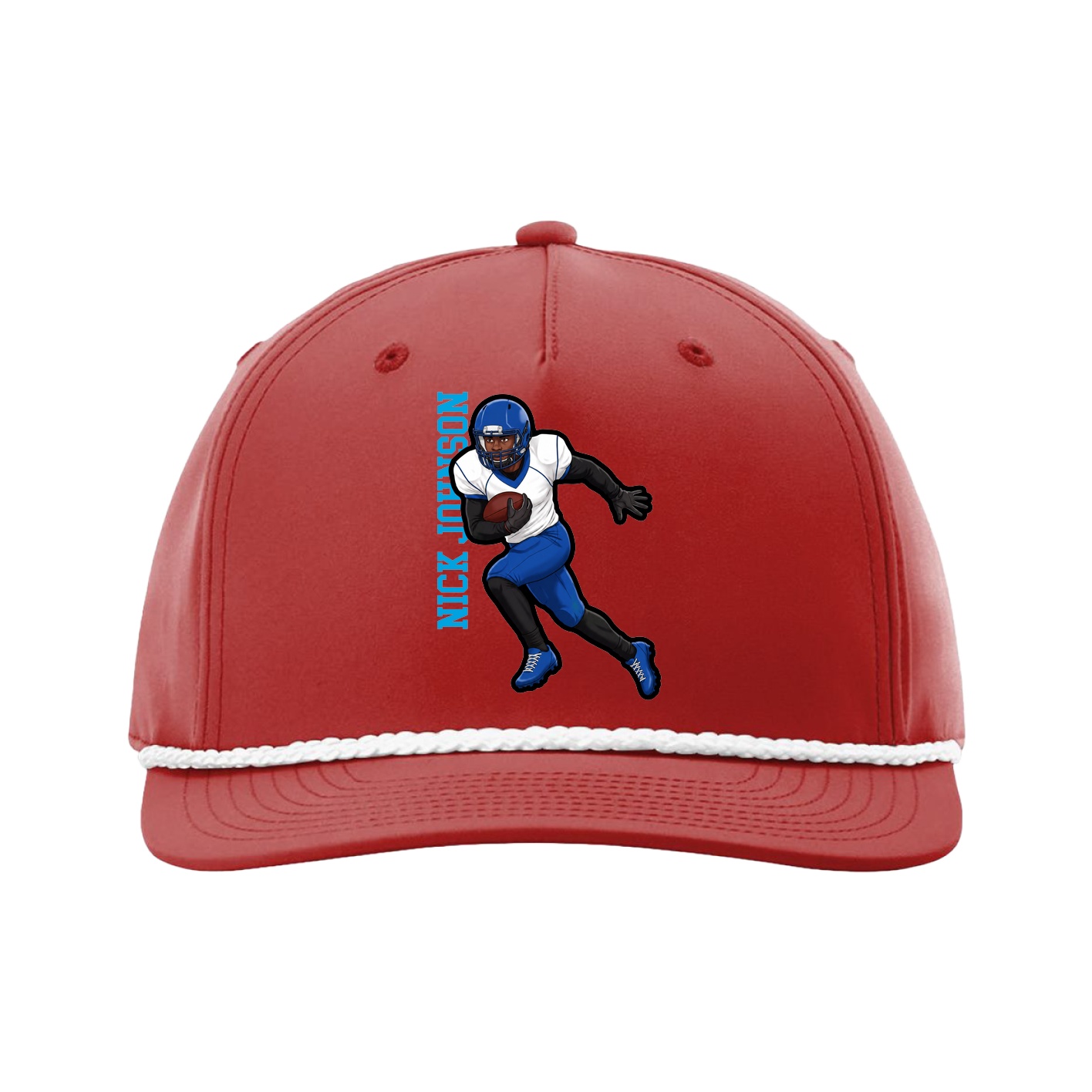 Five-Panel Classic Rope Cap — Name Vertical in Red