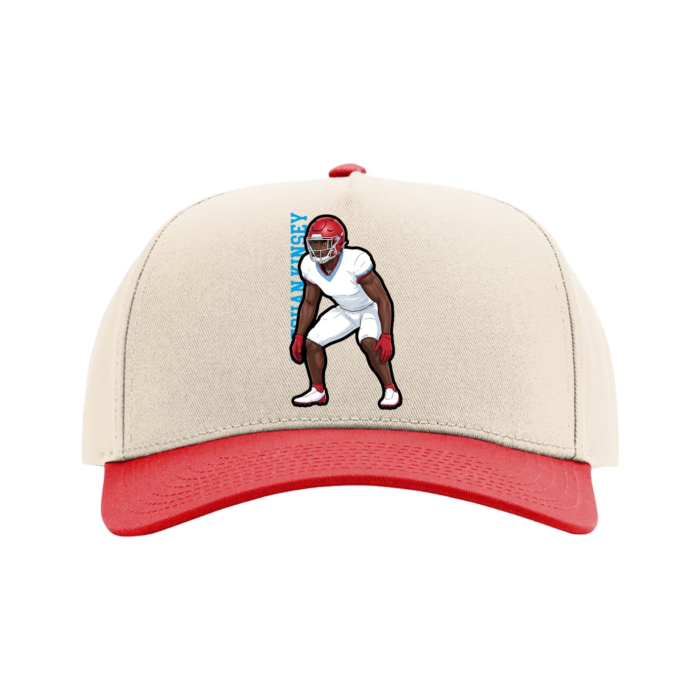 Full Fabric Five-Panel Champ Cap — Name Vertical in Cream/Red