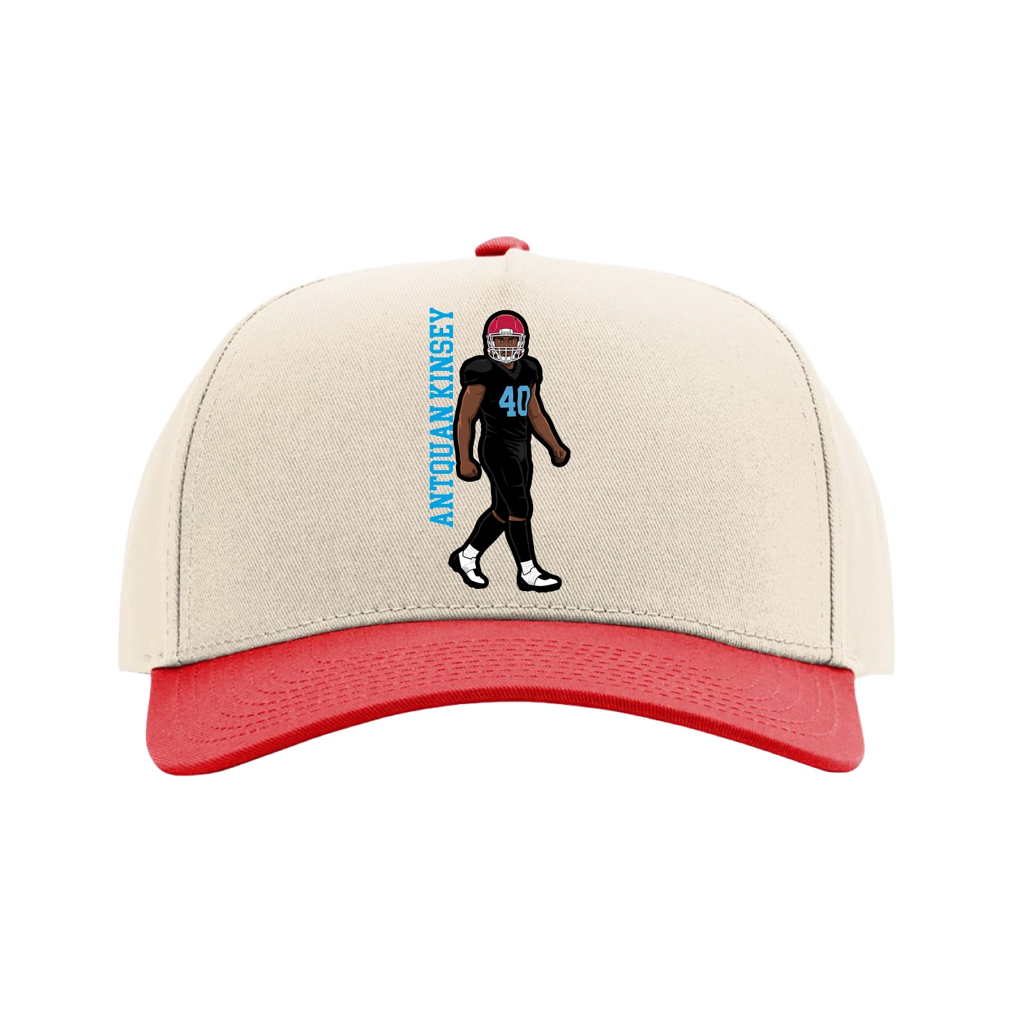 Full Fabric Five-Panel Champ Cap — Name Vertical in Cream/Red