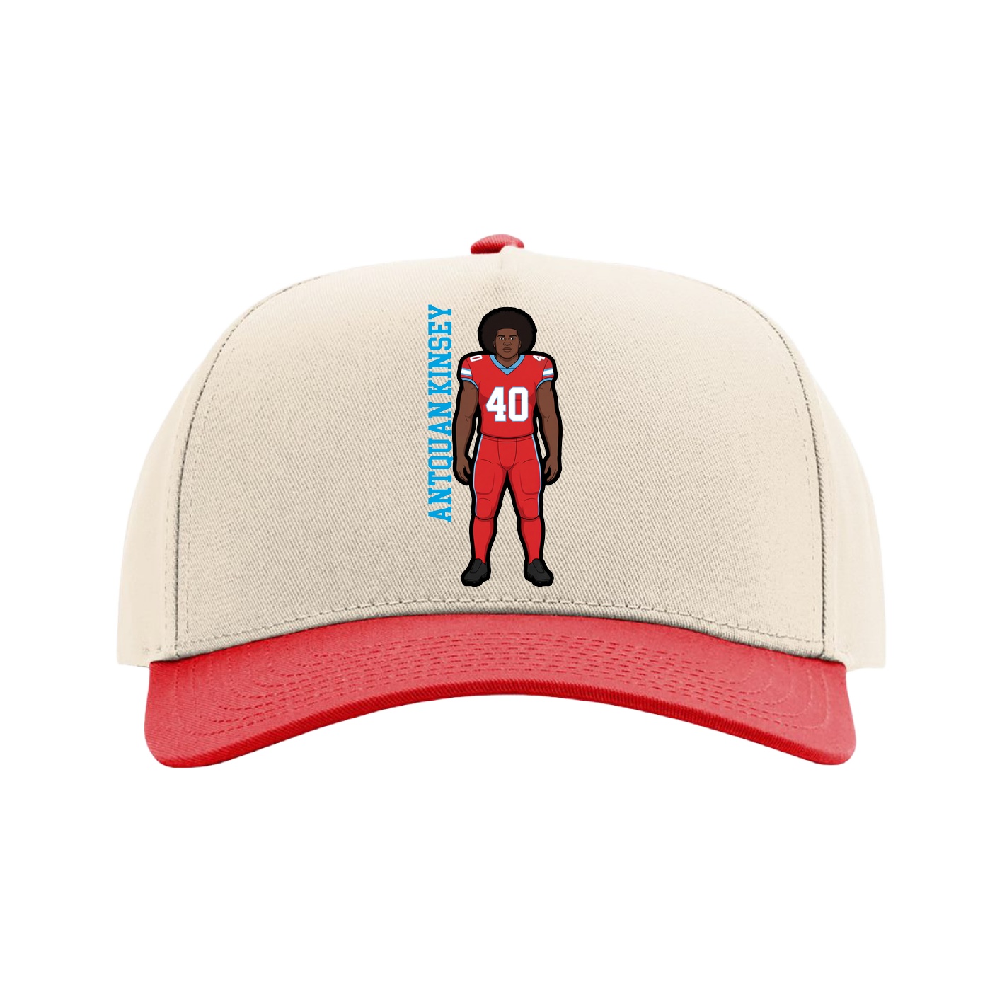 Full Fabric Five-Panel Champ Cap — Name Vertical in Cream/Red