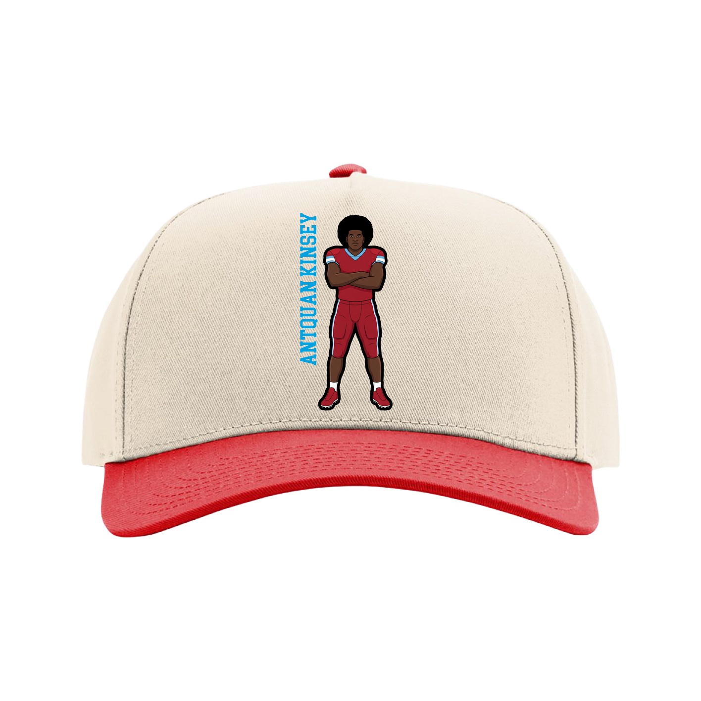 Full Fabric Five-Panel Champ Cap — Name Vertical in Cream/Red