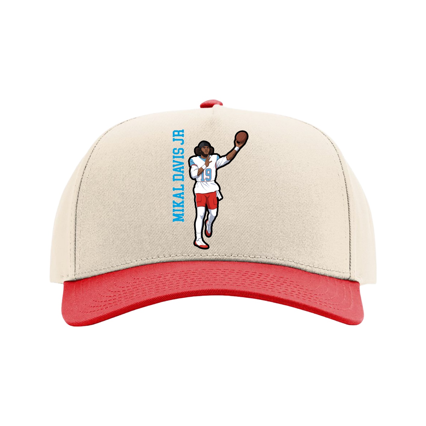 Full Fabric Five-Panel Champ Cap — Name Vertical in Cream/Red